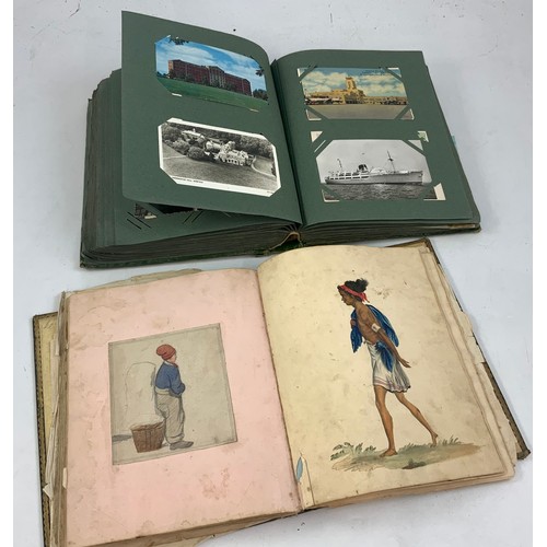 254 - POSTCARD ALBUM AND CONTENTS TOGETHER WITH A JOURNAL WITH SKETCHES AND HAND WRITTEN NOTES, LETTER AND... 