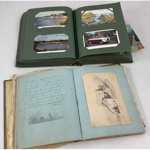 254 - POSTCARD ALBUM AND CONTENTS TOGETHER WITH A JOURNAL WITH SKETCHES AND HAND WRITTEN NOTES, LETTER AND... 