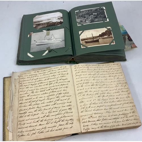 254 - POSTCARD ALBUM AND CONTENTS TOGETHER WITH A JOURNAL WITH SKETCHES AND HAND WRITTEN NOTES, LETTER AND... 