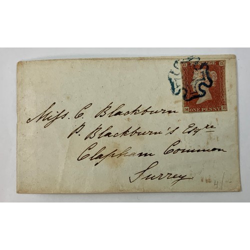 596 - STAMPS, 1843 ENVELOPE, MARLBOROUGH TO CLAPHAM COMMON WITH BLUE MALBOROUGH MALTESE CROSS POSTMARK