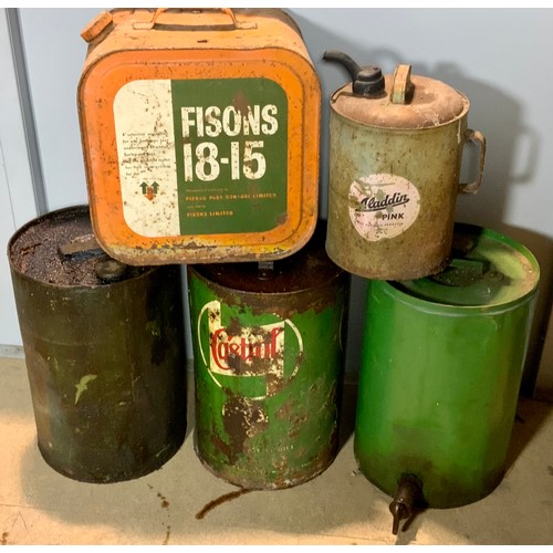 11 - 3 OIL DRUMS INC. CASTROL, & ALADDIN PARAFFIN CAN, PLUS FISONS 18-15 SQUARE CAN