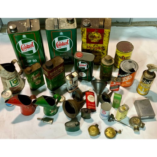 14 - A GOOD COLLECTION OF VINTAGE OIL CANS, CASTROL ETC.