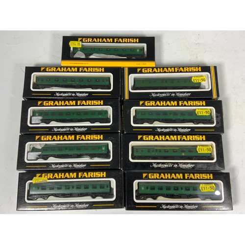 215 - N GAUGE MODEL RAILWAY 9 X BOXED MK 1 COACHES, BR SR REGION GREEN LIVERY.