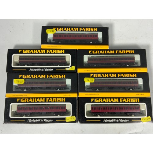 216 - N GAUGE MODEL RAILWAY, 7 BOXED, BR MK 1 SUBURBAN COACHES, 57’ LONG MAROON & CRIMSON LIVERY