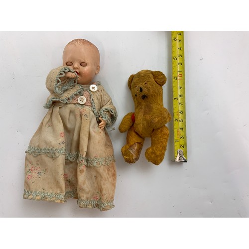 96 - VINTAGE SMALL TEDDY BEAR, & VINTAGE DOLLS, ROSE BUD, END LONDON,