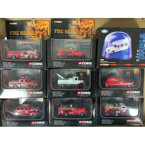 112 - CORGI 8 BOXED FIRE HERO SERIES MODELS IN GOOD CONDITION PLUS A1 NINE DOUBLE NINE BOXED AMBULANCE