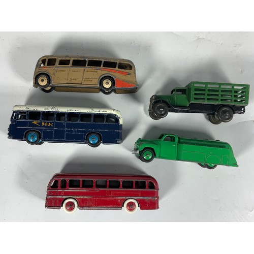 162 - DIECAST TOYS, DINKY BOAC COACH, LUXARY COACH, LEYLAND ROYAL TIGER. PETROL TANKER, EARLY CATTLE WAGON... 