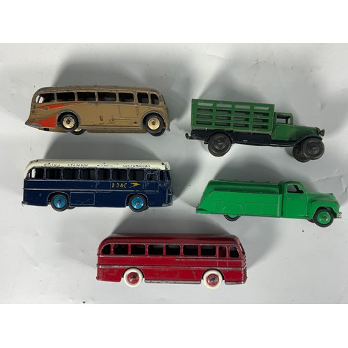 162 - DIECAST TOYS, DINKY BOAC COACH, LUXARY COACH, LEYLAND ROYAL TIGER. PETROL TANKER, EARLY CATTLE WAGON... 