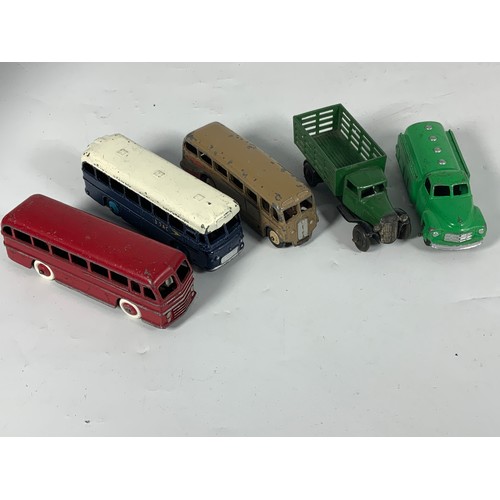 162 - DIECAST TOYS, DINKY BOAC COACH, LUXARY COACH, LEYLAND ROYAL TIGER. PETROL TANKER, EARLY CATTLE WAGON... 