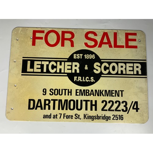 64 - METAL ‘FOR SALE’ SIGN, LETCHER & SCORER ESTATE AGENTS DARTMOUTH,