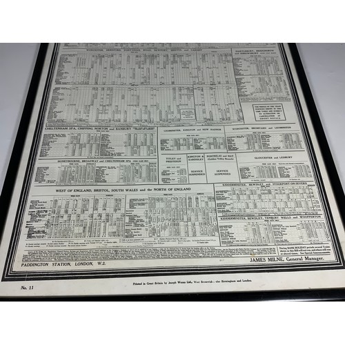 47 - FRAMED RAILWAY TIMETABLE POSTER, GREAT WESTERN RAILWAY, OCTOBER 2ND 1944, LONDON, OXFORD, WORCESTER ... 