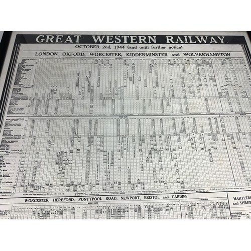 47 - FRAMED RAILWAY TIMETABLE POSTER, GREAT WESTERN RAILWAY, OCTOBER 2ND 1944, LONDON, OXFORD, WORCESTER ... 