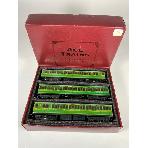 508 - ACE TRAINS BOXED 0 GAUGE EMU SET IN LINED SOUTHERN RAILWAY GREEN, V. GOOD CONDITION