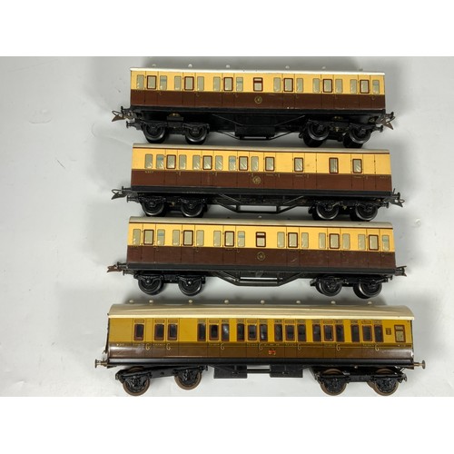 494 - BASSETT LOWKE, TINPLATE GWR BOGIE COACH, PLUS 3 GW NON CORRIDOR COACHES, (PRINTED SIDES ON WOOD).