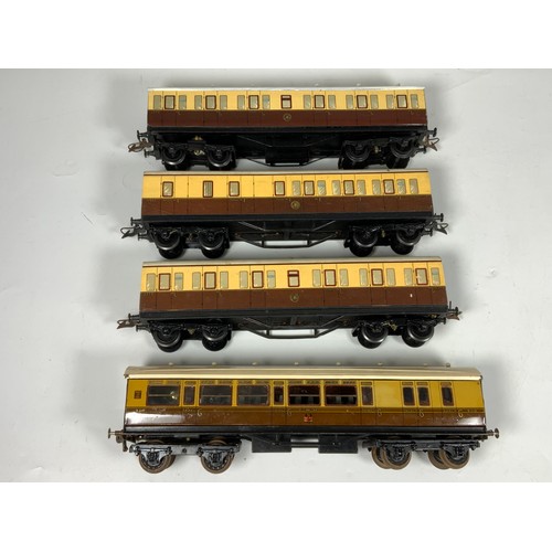 494 - BASSETT LOWKE, TINPLATE GWR BOGIE COACH, PLUS 3 GW NON CORRIDOR COACHES, (PRINTED SIDES ON WOOD).