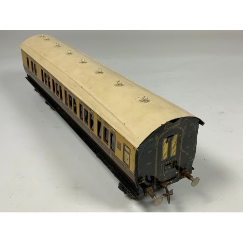 494 - BASSETT LOWKE, TINPLATE GWR BOGIE COACH, PLUS 3 GW NON CORRIDOR COACHES, (PRINTED SIDES ON WOOD).