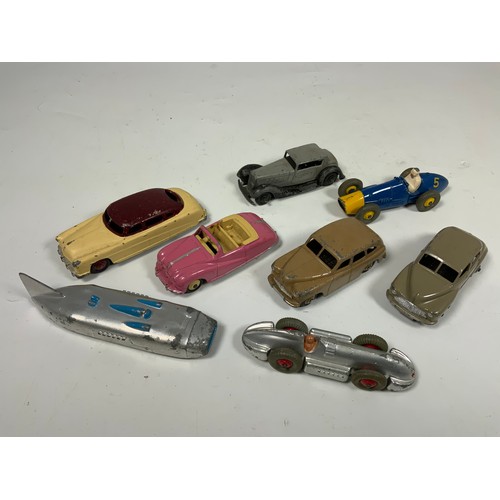 178 - DINKY TOYS, 8 U/B CARS & RACING CARS, MORRIS OXFORD, VANGUARD, AUSTIN ATLANTIC, HUDSON, PRE / POST W... 