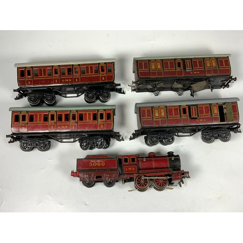 493 - BING 0 GAUGE, 0-4-0 TENDER LOCO 5060, 3 RAIL ELECTRIC PLUS 3 BING BOGIE COACHES, LMS & A 6 WHEEL COA... 