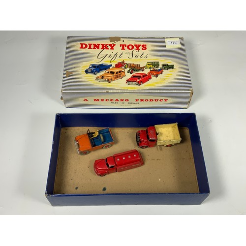 179 - DINKY TOYS GIFT SET, NO 2 COMMERCIAL VEHICLES, NO INNER LINER BUT WITH TIPPER TRUCK, ESSO TANKER, JE... 