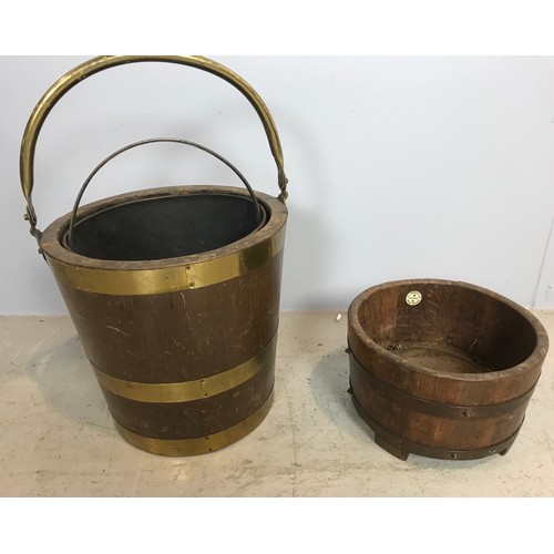 538 - R A LISTER PLANTER WITH A COOPERED OAK TORCHERE 91cm TALL AND COAL BUCKET