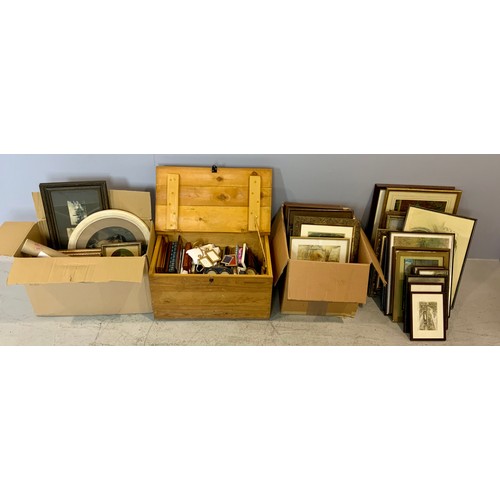 63 - LARGE QTY. FRAMES AND PRINTS, SOME IN A PINE BOX WITH HINGED LID