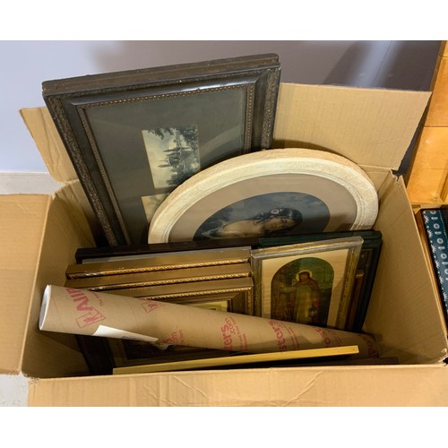 63 - LARGE QTY. FRAMES AND PRINTS, SOME IN A PINE BOX WITH HINGED LID