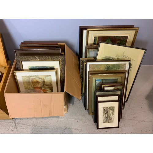 63 - LARGE QTY. FRAMES AND PRINTS, SOME IN A PINE BOX WITH HINGED LID