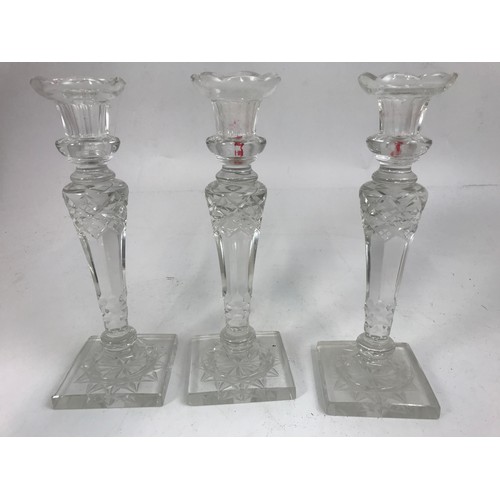 177 - 2 BOXES WINE GLASSES AND 3 CRYSTAL CANDLESTICKS