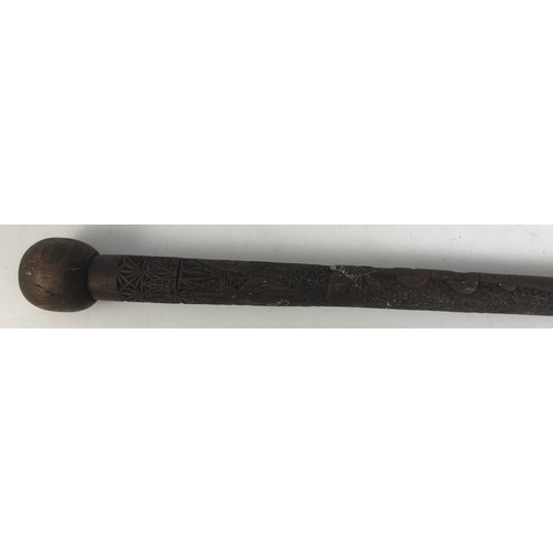 306 - CARVED WALKING STICK, VARIOUS COSHES AND TRUNCHEONS INCLUDING TRUNCHEON MARKED GR 1914