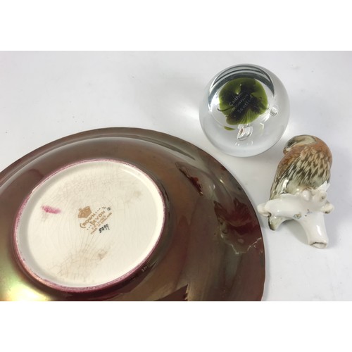 144 - MISC. INCLUDING CROWN DEVON  ROUGE ROYAL DISH, OWL FIGURE AND CAITHNESS GLASS PAPERWEIGHT