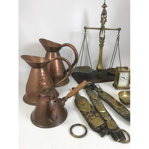 366 - SET OF BALANCE SCALES AND OTHER COPPER AND BRASSWARE