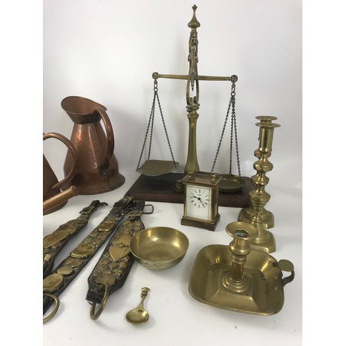 366 - SET OF BALANCE SCALES AND OTHER COPPER AND BRASSWARE