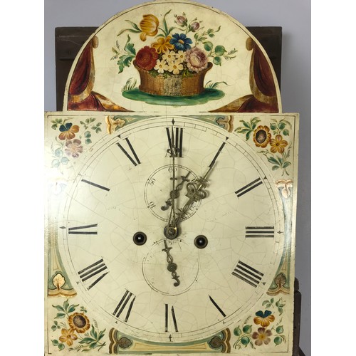 203 - MAHOGANY CASE LONGCASE CLOCK WITH SUBSIDIARY SECONDS, PAINTED DIAL AND FLOWER BASKET TO ARCH