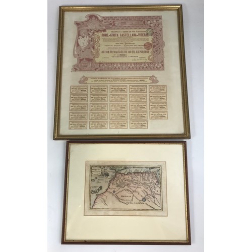 71 - FRAMED FRENCH TRAMWAY SHARE CERTIFICATE WITH COUPONS TOGETHER WITH A FRAMED MAP