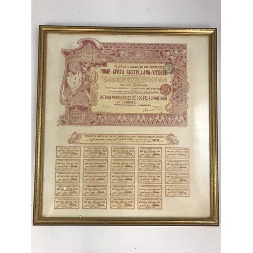 71 - FRAMED FRENCH TRAMWAY SHARE CERTIFICATE WITH COUPONS TOGETHER WITH A FRAMED MAP