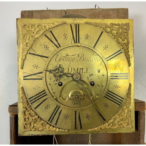 205 - 18TH CENTURY LONGCASE CLOCK BY GEORGE BISHOP, REDMILE IN AN OAK CASE WITH GEOMETRIC MOULDINGS AND EI... 