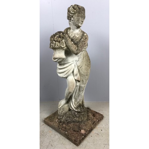 500 - COMPOSITE FIGURE OF A MAIDEN WITH FLOWER BASKET  96cm TALL AND A CHRUB BASE FOR BIRD BATH