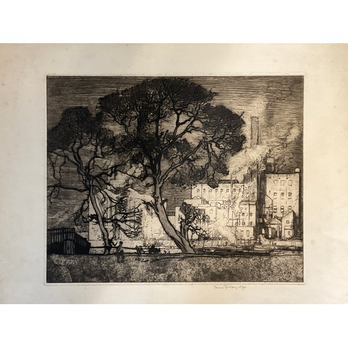 40 - FRANK BRANGWYN ETCHING DEPICTING INDUSTRIAL SCENE WITH TREES IN THE FOREGROUND, APPROX. 40 X 32 cm, ... 