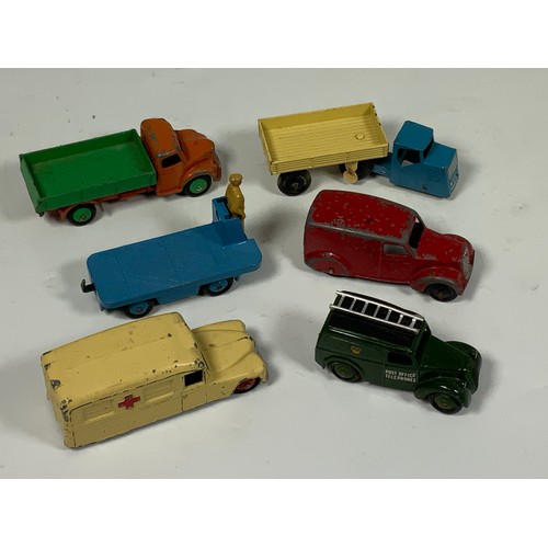 105 - 6 U/B DINKY TOYS, MECHANICAL HORSE, DODGE, AMBULANCE, POST OFFICE TELEPHONES, RED VAN & BEV TRUCK