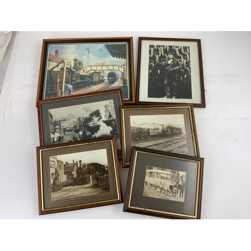 174 - ASSORTED FRAMED RAILWAY PICTURES INC, LYNTON TANK?, WELL TANKS, 1959 ARIEL PICTURE OF A RAILWAY YARD... 