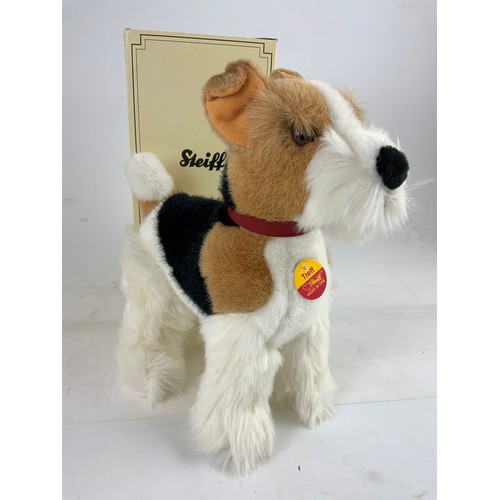 60 - STEIFF, A BOXED DOG TREFF FOX TERRIER 078552, PLUS  A BABY LADYBUG.