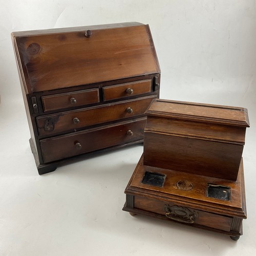 481 - AN APPRENTICE PINE FALL FRONT BUREAU, TWO SHORT OVER TWO LONG DRAWERS, 35CM HIGH, TOGETHER WITH AN E... 