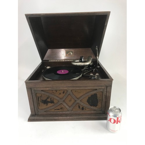 437 - A HMV WIND UP GRAMAPHONE IN OAK CASE