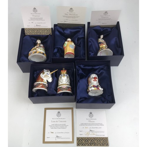 138 - 5 BOXED ROYAL WORCESTER CANDLE SNUFFERS INC LION, CLOWN, EMPEROR, EMPRESS & MANDARAIN