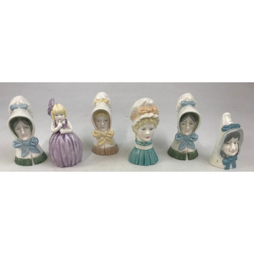 140 - 6 ROYAL WORCESTER CANDLE SNUFFERS INC  2 X OLD WOMAN. YOUNG GIRL ,  MOB CAP, HUSH, MRS CAUDLE