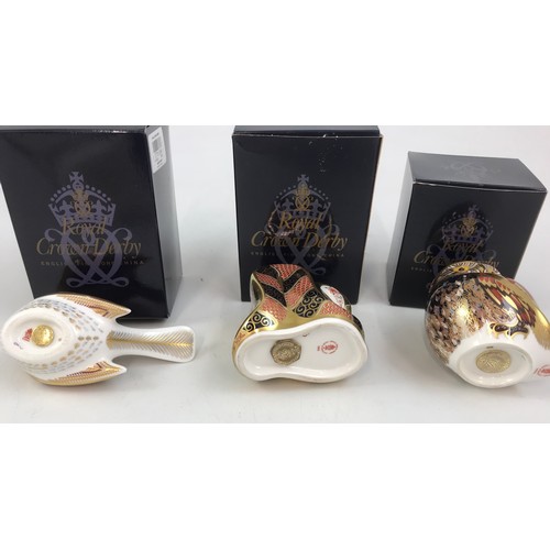 160 - 3 BOXED ROYAL CROWN DERBY PAPERWEIGHT SNAKE,  LITTLE OWL & NIGHTINGALE