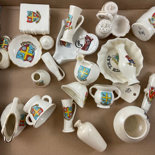 203 - A COLLECTION OF CRESTED CHINA, MAINLY MALVERN, INCLUDING LONGCASE CLOCKS, ELEPHANTS, GRAMAPHONE, SCO... 