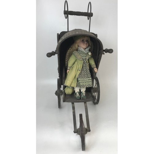 402 - CHILDS 3 WHEEL VINTAGE PRAM & DOLL