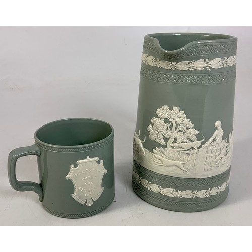 210 - JASPER WARE JUG AND COMMEMORATIVE TANKARD