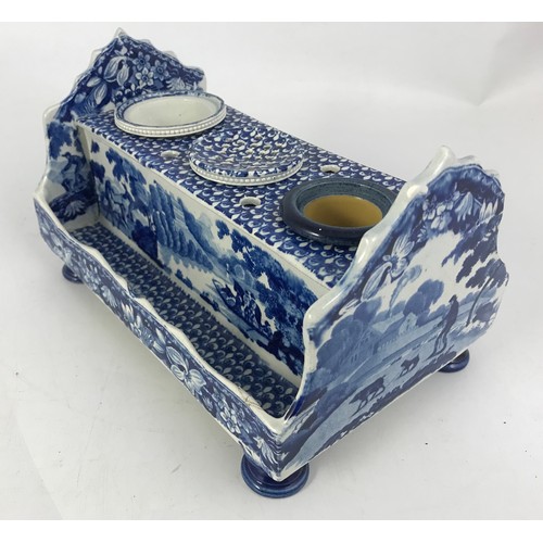 234 - 19TH CENTURY BLUE AND WHITE DESK STAND TRANSFER DECORATED WITH ENGLIUSH COUNTRY SCENES